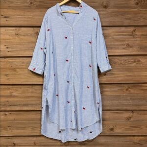 Striped Blue and White Dress with Red Accents